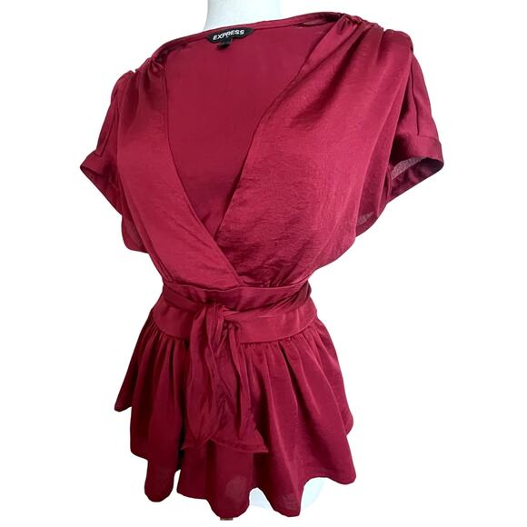 Express Red/Wine Wrap Peplum Top with Waist Tie Size S - Picture 2 of 10
